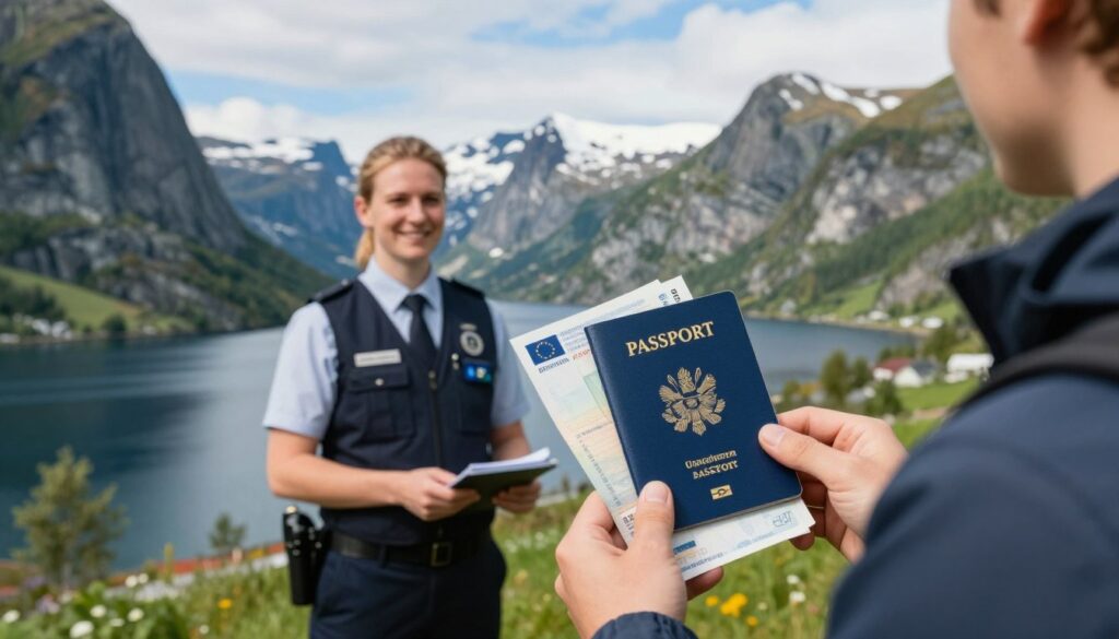 A European Union citizen confidently holding a valid passport and residency documents while standing before the stunning backdrop of a Norwegian landscape, featuring majestic fjords and snow-capped mountains. In the foreground, emphasize the passport and papers to symbolize the importance of travel documentation. In the middle ground, include a friendly border control officer in professional attire assisting the traveler. The background should capture the breathtaking natural beauty of Norway, with clear blue skies and lush greenery. Use warm, soft lighting to create an inviting atmosphere that conveys a sense of security and representation of EU citizens' travel rights. The scene should evoke a sense of adventure and compliance with travel regulations.