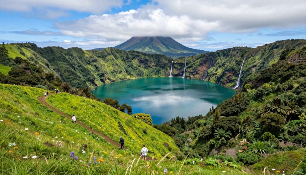 A breathtaking landscape showcasing the natural attractions of the Azores for nature lovers. In the foreground, a vibrant green hillside dotted with wildflowers, perhaps some hikers in modest outdoor clothing exploring the lush terrain. The middle ground features a stunning crater lake, its water a deep turquoise reflecting the clear blue sky. Surrounding the lake are dramatic cliffs and cascading waterfalls, framed by dense, tropical vegetation. In the background, a volcanic peak rises majestically, partially shrouded in mist, creating a sense of mystery. The scene is illuminated by soft, natural sunlight filtering through the clouds, enhancing the vibrant colors and bringing the lush scenery to life. The overall mood is peaceful and awe-inspiring, inviting the viewer to immerse themselves in this natural paradise.