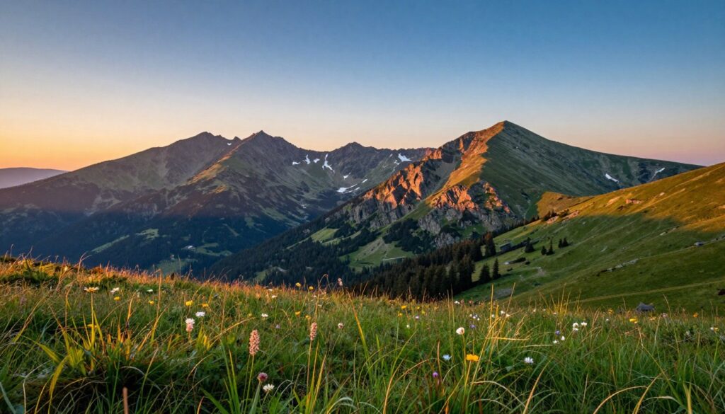 A breathtaking view of the Karkonosze Mountains against the backdrop of the Western Sudetes. In the foreground, vibrant green meadows dotted with wildflowers, swaying gently in a light breeze. The middle ground features the rugged, majestic peaks of Karkonosze, their rocky surfaces gleaming in sunlight, showcasing various textures of dark granite and patches of snow. In the background, the softer, rolling hills of the Sudetes add depth to the scene, with a gradient of blue hues merging into the sky at dusk, casting a warm, golden glow over the landscape. The atmosphere is serene and inviting, evoking a sense of wonder and exploration. Shot with a wide-angle lens to capture the expansive range and natural beauty, the lighting is soft yet vivid, enhancing the enchanting scenery without any human presence or textual elements. A breathtaking view of the Karkonosze Mountains against the backdrop of the Western Sudetes. In the foreground, vibrant green meadows dotted with wildflowers, swaying gently in a light breeze. The middle ground features the rugged, majestic peaks of Karkonosze, their rocky surfaces gleaming in sunlight, showcasing various textures of dark granite and patches of snow. In the background, the softer, rolling hills of the Sudetes add depth to the scene, with a gradient of blue hues merging into the sky at dusk, casting a warm, golden glow over the landscape. The atmosphere is serene and inviting, evoking a sense of wonder and exploration. Shot with a wide-angle lens to capture the expansive range and natural beauty, the lighting is soft yet vivid, enhancing the enchanting scenery without any human presence or textual elements.