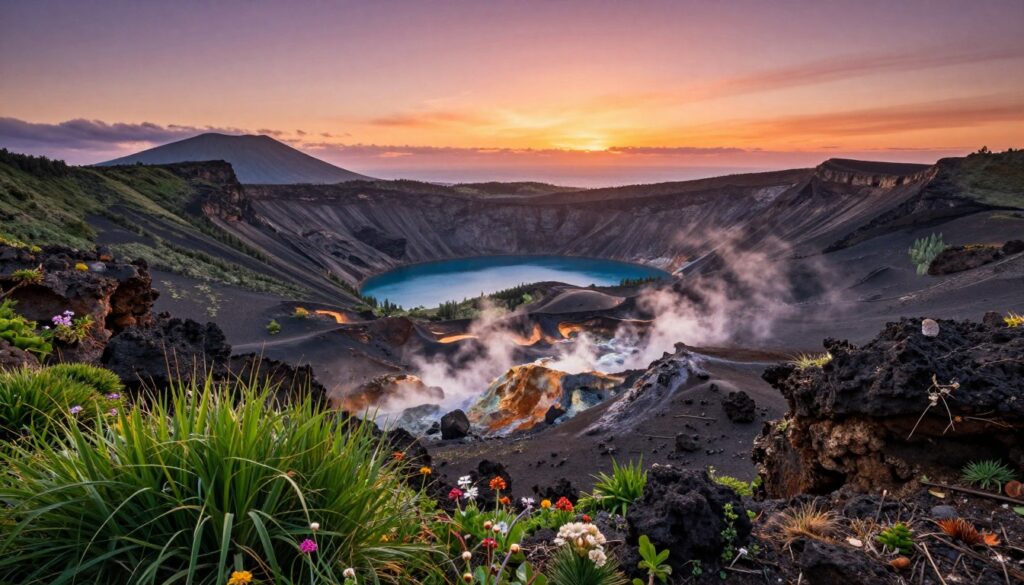 A breathtaking volcanic landscape of the Azores, featuring rugged, dramatic terrain shaped by past eruptions. In the foreground, lush green vegetation contrasts with dark volcanic rocks and colorful wildflowers, while steam gently rises from thermal vents. The middle ground showcases a majestic volcanic crater filled with azure water, surrounded by steep cliffs. In the background, distant peaks rise under a vibrant sunset sky, painted in hues of orange, pink, and purple, casting a warm glow over the scene. The atmosphere is serene yet powerful, reflecting the natural beauty and geological history of the islands. The composition should have a wide-angle perspective to encompass the vastness of this unique environment, with soft, golden lighting enhancing the textures and colors.