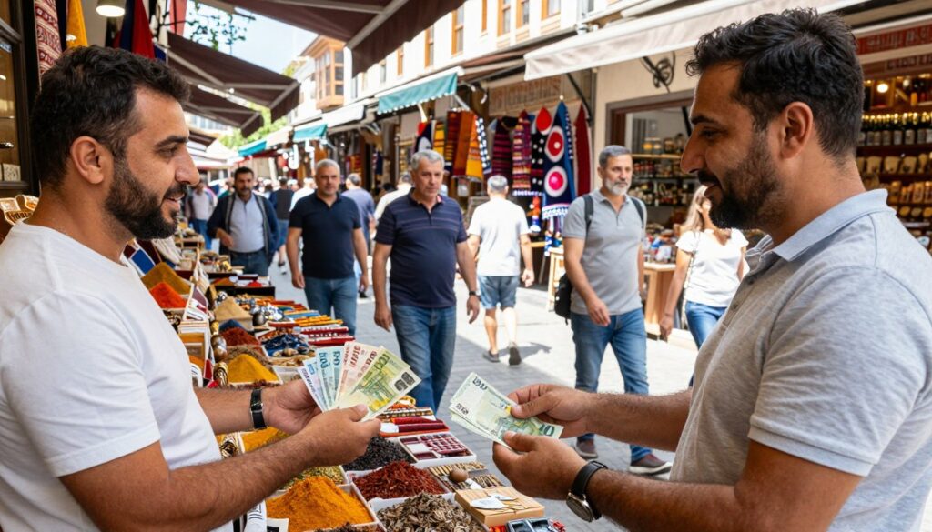 A bustling Turkish marketplace scene with vibrant colors and lively activity. In the foreground, a handsomely dressed vendor converses with a satisfied customer while showing a selection of Euro and Dollar banknotes. The middle ground features various stalls filled with traditional Turkish goods, such as spices, textiles, and handcrafted items, all set against the backdrop of historic architecture. Bright, natural sunlight filters through overhead awnings, creating a warm and inviting atmosphere. A mix of local shoppers and tourists enhance the ambiance, clad in casual summer attire, enjoying their shopping experience. The angle captures both the vibrancy of the market and the interaction over foreign currency, emphasizing the financial aspect of visiting Turkey.
