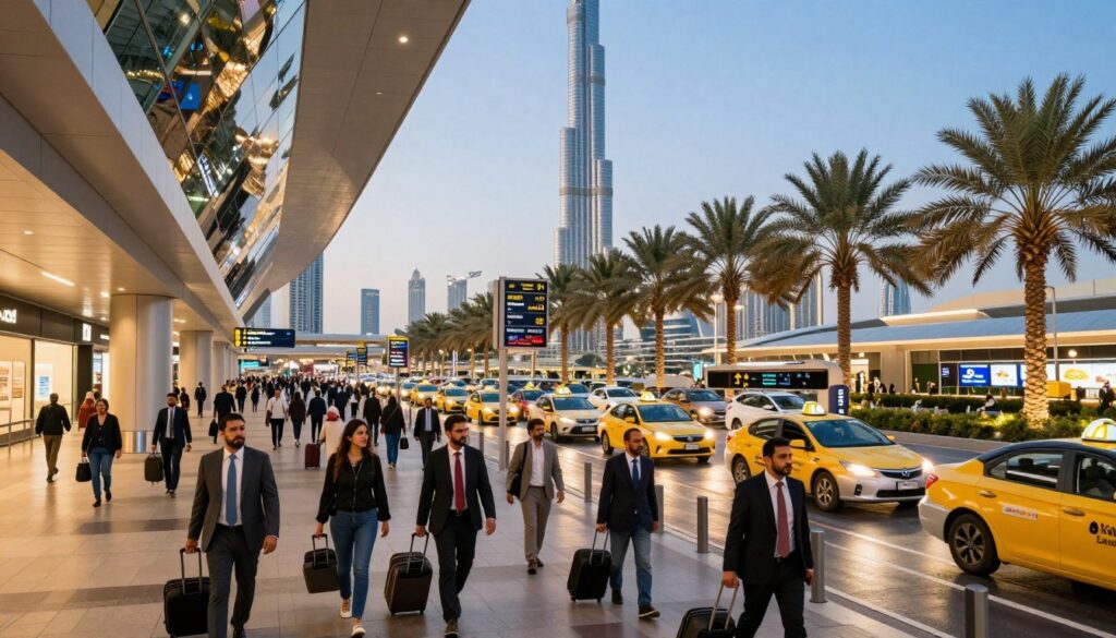 A bustling scene at Dubai International Airport, showcasing sleek modern architecture with reflective glass structures and a vibrant, busy atmosphere. In the foreground, travelers in professional business attire navigate through the terminal with luggage in hand, showcasing a diverse mix of cultures. In the middle ground, illuminated signage directs passengers to various transport options, including taxis and the Metro, with vehicles waiting in an organized lineup. The background features tall palm trees and distant views of the iconic Burj Khalifa piercing the clear blue sky. Warm, inviting lighting floods the scene, creating a welcoming ambiance, while the lens captures the dynamic flow of both people and vehicles in a slightly wide-angle view. The overall mood is one of excitement and anticipation for travel.