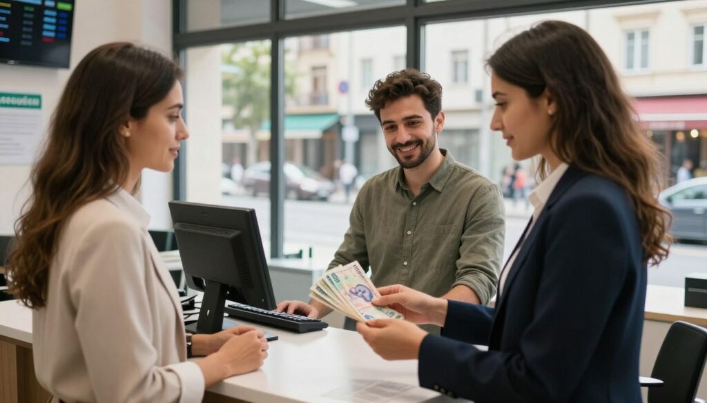 A busy currency exchange office in an urban setting, showcasing a modern yet welcoming atmosphere. In the foreground, a professional-looking woman in business attire is holding a stack of Turkish lira notes, while a man in modest casual clothing is consulting with a friendly teller behind a sleek counter filled with clear currency exchange rates. The background features a large glass window with a bustling street scene, creating a vibrant urban feel. Soft, natural lighting streams in, illuminating the exchange area with a warm glow. The camera angle is slightly low, emphasizing the interaction and atmosphere of commerce, reflecting a sense of trust and professionalism in foreign currency exchange.