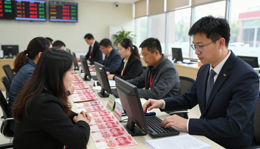 A busy currency exchange office specializing in Chinese Yuan. In the foreground, a professional agent in business attire assists a diverse group of clients at a counter filled with rows of currency notes, including vibrant Chinese Yuan visible. In the middle ground, a modern interior showcases digital screens displaying exchange rates and a few people waiting in line. The background features large windows letting in soft natural light, giving a bright and welcoming atmosphere. The scene captures a sense of professionalism and efficiency in a bustling financial environment. The angle is slightly elevated, providing a clear view of the entire exchange process, while the mood is focused and energetic, emphasizing the importance of currency exchange.