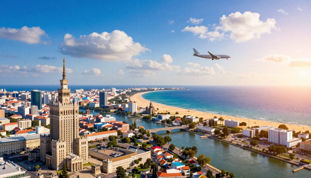 A captivating aerial view of multiple Polish cities, such as Warsaw, Kraków, and Wrocław, transitioning into the vibrant coastal landscapes of Tunisia. In the foreground, feature iconic landmarks from the Polish cities, such as the Palace of Culture and Science alongside the Vistula River. The middle ground showcases a plane soaring through a bright blue sky, highlighted by fluffy white clouds. The background should display a stunning Tunisian beach with golden sand and crystal-clear waters under a warm sunset, creating a vibrant atmosphere. The image should convey a sense of travel and adventure, with bright, inviting colors reflecting the excitement of vacationing in Tunisia. Use soft, natural lighting to enhance the serene mood of the scene.