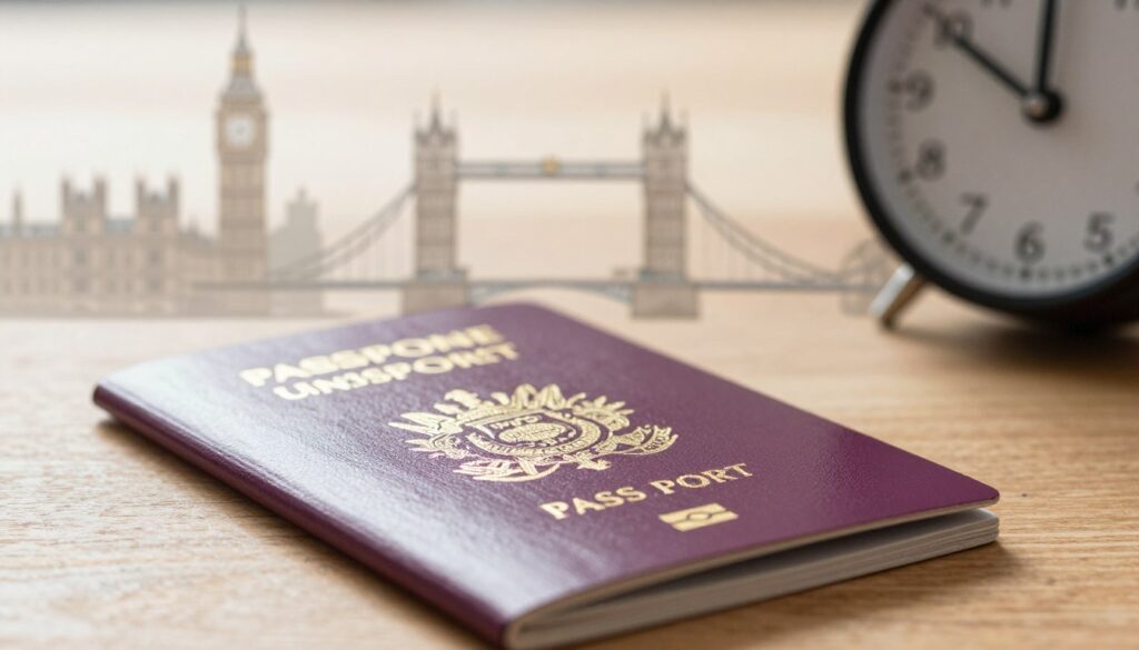 A close-up of a UK passport resting on a wooden table, with a soft-focus effect on the background featuring a subtle outline of iconic London landmarks like the Big Ben and Tower Bridge. The lighting is warm and inviting, emphasizing the details of the passport's textured cover and golden crest. In the foreground, a clock shows the time, hinting at the urgency of travel preparation. The overall atmosphere is serious yet optimistic, showcasing the importance of having valid travel documents for entry into the United Kingdom. The scene is void of any people, maintaining a professional and informative tone suitable for an article about travel documentation.