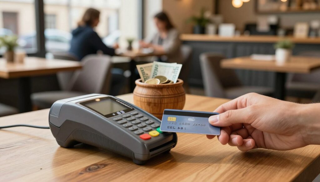 A close-up view of a table at a cozy, modern café in Prague, featuring a payment terminal with a credit card next to it. In the foreground, a hand holding a credit card hovers over the terminal, symbolizing cashless payments. The middle ground showcases a small wooden tip jar filled with coins and banknotes, emphasizing tipping culture in the Czech Republic. The background displays a softly blurred view of the café, with patrons seated at elegantly arranged tables, creating a warm and inviting atmosphere. Soft, natural sunlight filters through large windows, casting gentle shadows. The overall mood is friendly and practical, capturing the essence of local payment practices in a bustling urban setting.