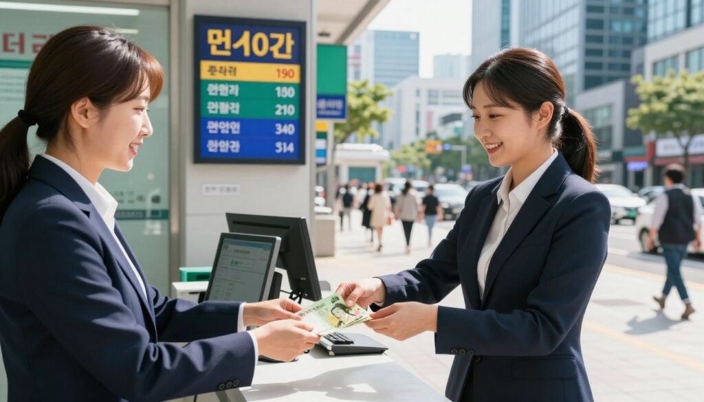 A currency exchange scene focusing on South Korean won (KRW) in a modern urban setting. In the foreground, a professional-looking woman in business attire is interacting with a friendly bank teller at a currency exchange counter, exchanging money with a stack of vibrant Korean banknotes. In the middle, various currency exchange signs and displays showcasing the current exchange rates are visible. The background features a bustling cityscape of Seoul, with skyscrapers and people walking by, under a bright, sunny sky with warm, natural lighting. The atmosphere is vibrant and professional, capturing the essence of financial activity and cultural exchange in South Korea.