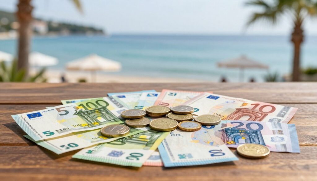 A detailed and vibrant arrangement of Euro banknotes and coins laid out artistically on a polished wooden surface. In the foreground, various denominations of Euro banknotes, showcasing their colorful designs and intricate patterns, are artistically arranged, with a focus on the €5, €10, and €20 notes. Surrounding the banknotes, a mix of Euro coins including €1, €2, and smaller denominations, gleaming under soft, natural daylight. The middle ground features a blurred backdrop of a scenic coastal view of the Adriatic Sea, reflecting a vacation atmosphere with subtle hints of palm trees and beach umbrellas. The overall mood is inviting and vibrant, perfect for illustrating a financial aspect of travel. Capture the scene with a shallow depth of field, emphasizing the banknotes and coins while creating a warm, welcoming ambiance.