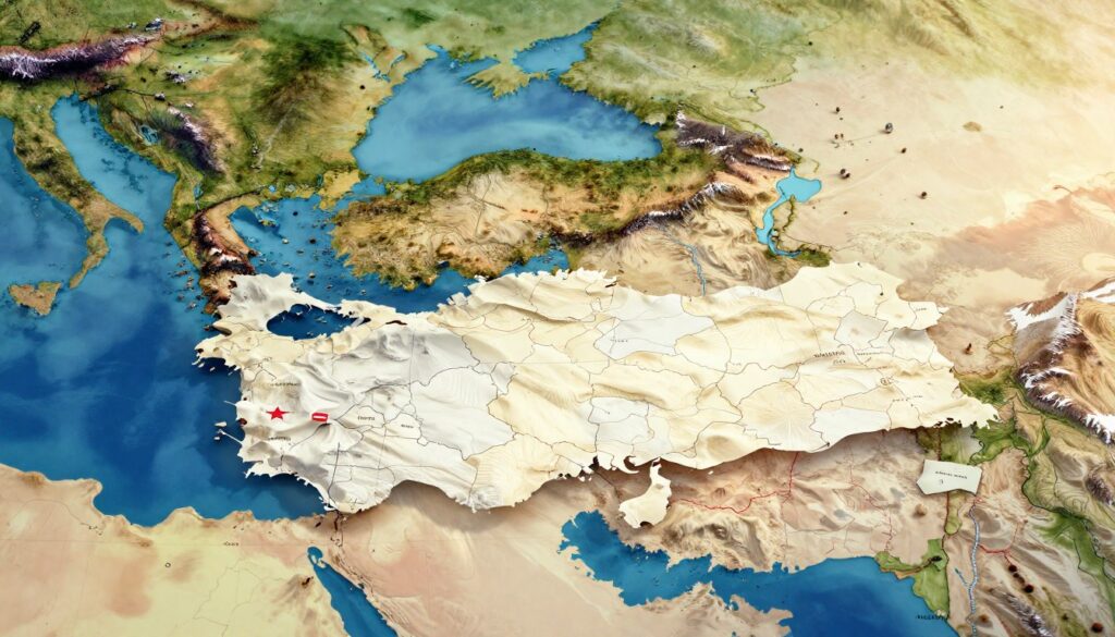 A detailed and vibrant illustration of Turkey's geographical position straddling two continents, Europe and Asia. In the foreground, a prominent map of Turkey highlighting its borders with neighboring countries, such as Greece, Bulgaria, Georgia, Armenia, Azerbaijan, Iran, Iraq, and Syria. The middle ground features a topographical representation of Turkey's diverse landscapes, showcasing mountains, rivers, and coastal areas. In the background, a soft gradient sky transitions from the blue of the Mediterranean to the earthy tones of the Anatolian plateau. Use warm, natural lighting to create an inviting atmosphere and a slight tilt-down angle to emphasize the layout of the continents. The overall mood should be informative and engaging, suitable for an educational context. No text or overlays present in the image.