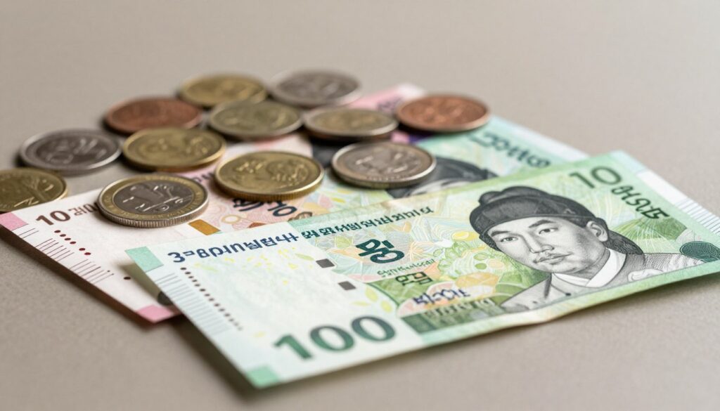 A detailed close-up composition showcasing South Korean banknotes and coins, artistically arranged on a smooth, neutral-toned surface. In the foreground, feature a variety of colorful banknotes, highlighting their intricate designs, vivid colors, and distinctive symbols, including images of notable historical figures. Surrounding the banknotes, display an assortment of coins, showcasing the different denominations and textures, with the detailed engravings visible. The background should be softly blurred to create depth, emphasizing the currency without distractions. Use warm, natural lighting to enhance the richness of the colors, creating a professional and inviting atmosphere that draws the viewer's attention to the uniqueness of South Korean currency, while maintaining a crisp focus on the details of the banknotes and coins.