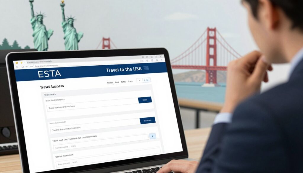 A detailed illustration of the ESTA application process for travel to the USA. In the foreground, a close-up of a computer screen displays the ESTA application form, filled with various fields like personal information and travel details. Adjacent to the screen, a professional-looking individual in business attire is thoughtfully reviewing the application. In the middle ground, a travel-themed backdrop features iconic American landmarks like the Statue of Liberty and the Golden Gate Bridge, subtly hinting at the destination. The background has a serene office environment with soft lighting, evoking a sense of preparation and anticipation. The overall mood is focused and organized, capturing the important theme of travel authorization.