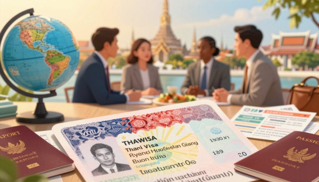 A detailed, informative illustration depicting the various types of Thai visas and their durations. In the foreground, a travel document with a visa stamp prominently displayed, surrounded by a variety of travel-related items like a globe, a passport, and travel brochures. In the middle ground, a subtle representation of travelers, dressed in professional business attire, engaged in conversation, showcasing cultural diversity. The background features a scenic view of Thailand's famous landmarks, such as temples and beaches, bathed in warm, golden sunlight, creating a welcoming atmosphere. Use a soft focus on the background to emphasize the foreground elements, shot with a slight depth of field to draw attention to the visa details while maintaining an inviting mood. No text or watermarks should be present. A detailed, informative illustration depicting the various types of Thai visas and their durations. In the foreground, a travel document with a visa stamp prominently displayed, surrounded by a variety of travel-related items like a globe, a passport, and travel brochures. In the middle ground, a subtle representation of travelers, dressed in professional business attire, engaged in conversation, showcasing cultural diversity. The background features a scenic view of Thailand's famous landmarks, such as temples and beaches, bathed in warm, golden sunlight, creating a welcoming atmosphere. Use a soft focus on the background to emphasize the foreground elements, shot with a slight depth of field to draw attention to the visa details while maintaining an inviting mood. No text or watermarks should be present.