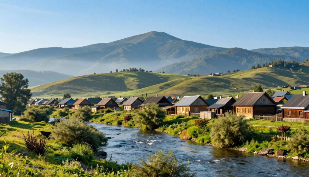 A detailed landscape illustrating the border between Ukraine, Romania, and Moldova. In the foreground, a serene river flows gently, flanked by rich greenery and native flora, symbolizing the natural border. In the middle ground, rolling hills create a picturesque backdrop with traditional wooden houses from both Romania and Moldova, showcasing their unique architectural styles. The background features the Carpathian Mountains, partially shrouded in mist, under a bright, clear blue sky. The scene is illuminated by soft, warm sunlight, casting gentle shadows and enhancing the vibrant colors of the landscape. The atmosphere is peaceful and inviting, reflecting the harmonious coexistence of these neighboring countries. No human figures are present, ensuring focus on the beauty of the geographical setting. A detailed landscape illustrating the border between Ukraine, Romania, and Moldova. In the foreground, a serene river flows gently, flanked by rich greenery and native flora, symbolizing the natural border. In the middle ground, rolling hills create a picturesque backdrop with traditional wooden houses from both Romania and Moldova, showcasing their unique architectural styles. The background features the Carpathian Mountains, partially shrouded in mist, under a bright, clear blue sky. The scene is illuminated by soft, warm sunlight, casting gentle shadows and enhancing the vibrant colors of the landscape. The atmosphere is peaceful and inviting, reflecting the harmonious coexistence of these neighboring countries. No human figures are present, ensuring focus on the beauty of the geographical setting.