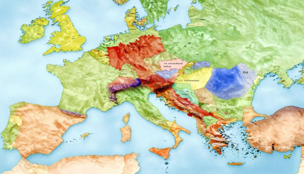 A detailed map of Italy's borders with surrounding European countries and enclaves. In the foreground, showcase the intricate coastline of Italy, emphasized with rich colors and texture. The middle ground should feature clear outlines of neighboring countries such as France, Switzerland, Austria, and Slovenia, highlighted for clarity. Use a soft gradient in the background to create a global context, including hints of the Mediterranean Sea and distinct geographical landmarks. The lighting should be bright and natural, imitating daylight, enhancing the vibrancy of the colors. The overall mood should evoke a sense of exploration and discovery, suitable for educational purposes. Ensure the design is clean, professional, and devoid of any text or overlays.