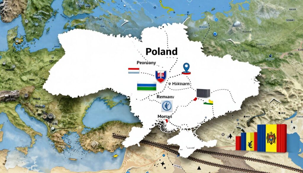 A detailed map of Ukraine highlighting its borders with neighboring countries, prominently featuring Poland, Slovakia, Hungary, Romania, Moldova, Belarus, and Russia. In the foreground, visualize icons representing trade and economy, like shipping containers, currency symbols, and graphs, symbolizing international exchange. In the middle ground, place stylized visuals of transportation routes, such as railways and highways, connecting Ukraine to its neighbors, depicted with dotted lines. The background should portray the natural landscape of Ukraine, with a clear blue sky and relief of the Carpathian Mountains. Use bright, clear lighting to give the scene an optimistic and professional atmosphere. The composition should convey the importance of Ukraine's geographical position in global trade without any text or overlays. A detailed map of Ukraine highlighting its borders with neighboring countries, prominently featuring Poland, Slovakia, Hungary, Romania, Moldova, Belarus, and Russia. In the foreground, visualize icons representing trade and economy, like shipping containers, currency symbols, and graphs, symbolizing international exchange. In the middle ground, place stylized visuals of transportation routes, such as railways and highways, connecting Ukraine to its neighbors, depicted with dotted lines. The background should portray the natural landscape of Ukraine, with a clear blue sky and relief of the Carpathian Mountains. Use bright, clear lighting to give the scene an optimistic and professional atmosphere. The composition should convey the importance of Ukraine's geographical position in global trade without any text or overlays.