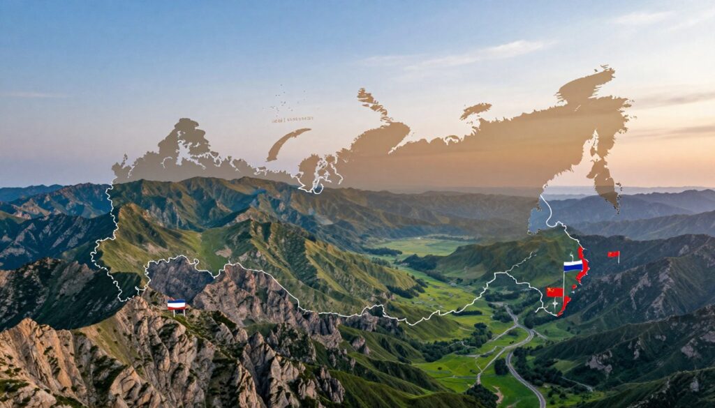 A detailed map showcasing the borders of Russia with China and Mongolia. In the foreground, illustrate a rugged landscape featuring mountainous terrain and lush green valleys that represent the borders between these three countries. In the middle ground, depict symbolical elements like border markers or flags representing Russia, China, and Mongolia, subtly integrated into the scenery. The background should showcase a vast expanse with serene skies, hinting at the varied climates across the regions. Use natural lighting to create a tranquil atmosphere, perhaps during twilight, with soft, warm hues enhancing the scene. The composition should evoke a sense of peaceful coexistence, highlighting the geographical significance of these borders. A detailed map showcasing the borders of Russia with China and Mongolia. In the foreground, illustrate a rugged landscape featuring mountainous terrain and lush green valleys that represent the borders between these three countries. In the middle ground, depict symbolical elements like border markers or flags representing Russia, China, and Mongolia, subtly integrated into the scenery. The background should showcase a vast expanse with serene skies, hinting at the varied climates across the regions. Use natural lighting to create a tranquil atmosphere, perhaps during twilight, with soft, warm hues enhancing the scene. The composition should evoke a sense of peaceful coexistence, highlighting the geographical significance of these borders.