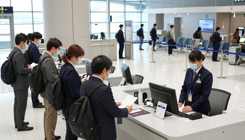 A detailed scene of a Japanese border control checkpoint, featuring a sleek customs area with modern design elements. In the foreground, a diverse group of travelers, all dressed in professional business attire, are presenting documents like passports and visas to a stern yet courteous border officer. The middle ground captures the official border control desk with various signage and security equipment, while in the background, an open area of the airport showcases a few waiting travelers, emphasizing the bustling atmosphere. Soft, natural lighting filters through large windows, casting gentle shadows. The composition should evoke a sense of order, professionalism, and the importance of adhering to immigration rules in Japan.