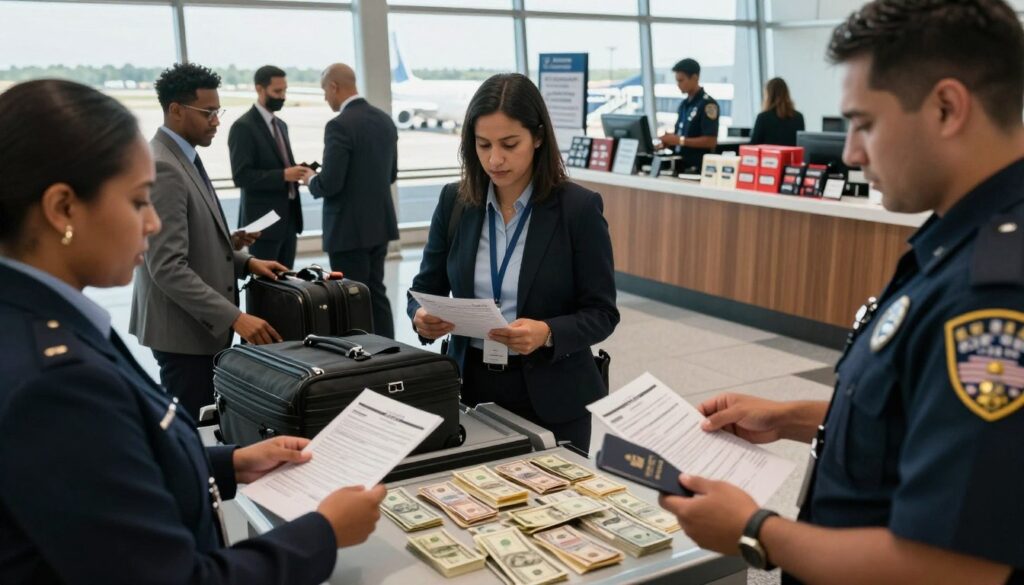 A detailed view of a U.S. Customs area at an airport, showcasing a diverse group of travelers in professional business attire interacting with customs officers, who are wearing uniforms and reviewing documents. In the foreground, a traveler is presenting their passport and customs forms to an officer, while another person is arranging their luggage near a customs inspection table filled with various currencies, including U.S. dollars. The middle ground includes a busy airport lounge with signs indicating customs regulations, merchandise like duty-free items visible. The background features a large window revealing planes on the tarmac under bright, natural sunlight. The atmosphere is organized and professional, conveying the importance of customs formalities and currency management during travel to the United States.