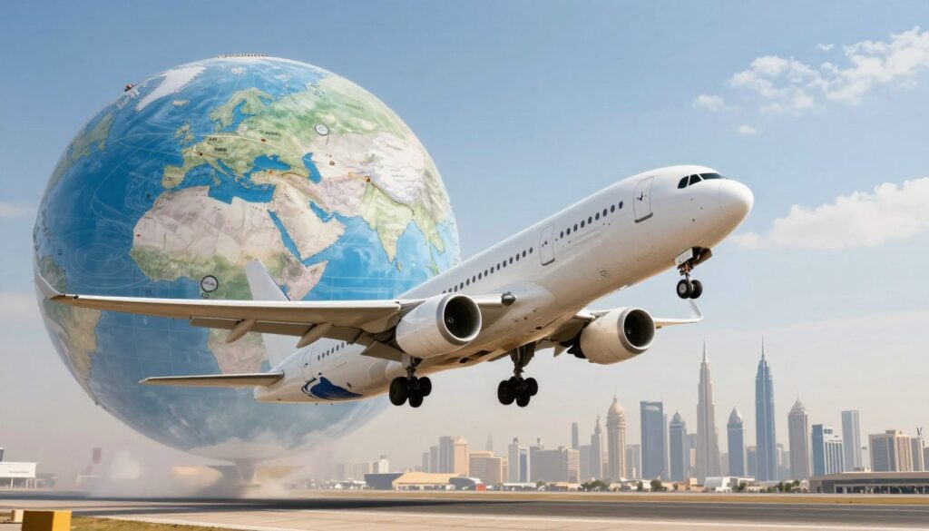 A dynamic scene illustrating the various factors impacting flight times to Dubai, showcasing a clear split view. In the foreground, display a modern airplane taking off, its nose angled upwards, conveying motion and speed. In the middle ground, depict visual elements like a globe with flight path lines connecting Poland to Dubai, highlighting distances, and nuances like wind speed and air currents. In the background, feature a clear sky with subtle clouds and the silhouette of a bustling Dubai skyline, emphasizing the destination. Use bright, natural lighting to create an optimistic and energetic atmosphere, focusing on clarity and detail. The image should inspire a sense of adventure and professionalism, ideal for an informative article about travel.