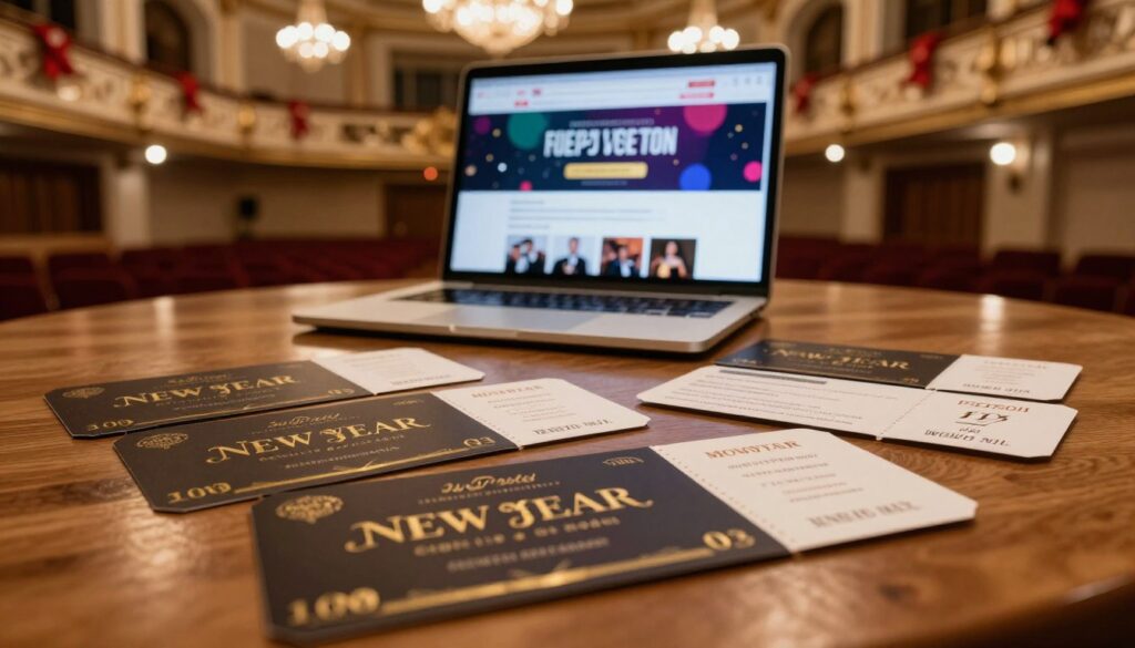 A festive New Year's concert ticket scene featuring elegant tickets laid out on a polished wooden table. In the foreground, focus on exquisitely designed tickets that showcase intricate gold foil detailing and elegant typography, symbolizing a prestigious event. The middle ground displays a stylish laptop opened to a colorful official website where users can register for the ticket lottery, emphasizing the online purchase aspect. The background captures a softly lit concert hall, adorned with shimmering chandeliers and cheerful decorations, evoking a celebratory atmosphere. Warm, inviting lighting enhances the mood, while a shallow depth of field keeps the tickets and laptop in sharp focus, inviting viewers into the world of New Year's concert ticket experiences.