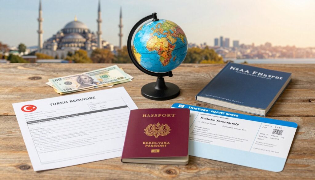 A flat lay arrangement of travel documents required for entry into Turkey, showcasing a Turkish visa application form, a valid passport, a flight ticket, and health insurance documents. The foreground features these items neatly organized on a rustic wooden table. In the middle plane, a small globe highlights Turkey, surrounded by a couple of currency notes and a travel guidebook. The background is softly blurred, featuring a scenic photo of Istanbul’s skyline to evoke a sense of adventure. The scene is illuminated by warm, natural light, creating an inviting and informative atmosphere. The overall mood is professional yet welcoming, perfect for illustrating essential travel preparations. A flat lay arrangement of travel documents required for entry into Turkey, showcasing a Turkish visa application form, a valid passport, a flight ticket, and health insurance documents. The foreground features these items neatly organized on a rustic wooden table. In the middle plane, a small globe highlights Turkey, surrounded by a couple of currency notes and a travel guidebook. The background is softly blurred, featuring a scenic photo of Istanbul’s skyline to evoke a sense of adventure. The scene is illuminated by warm, natural light, creating an inviting and informative atmosphere. The overall mood is professional yet welcoming, perfect for illustrating essential travel preparations.