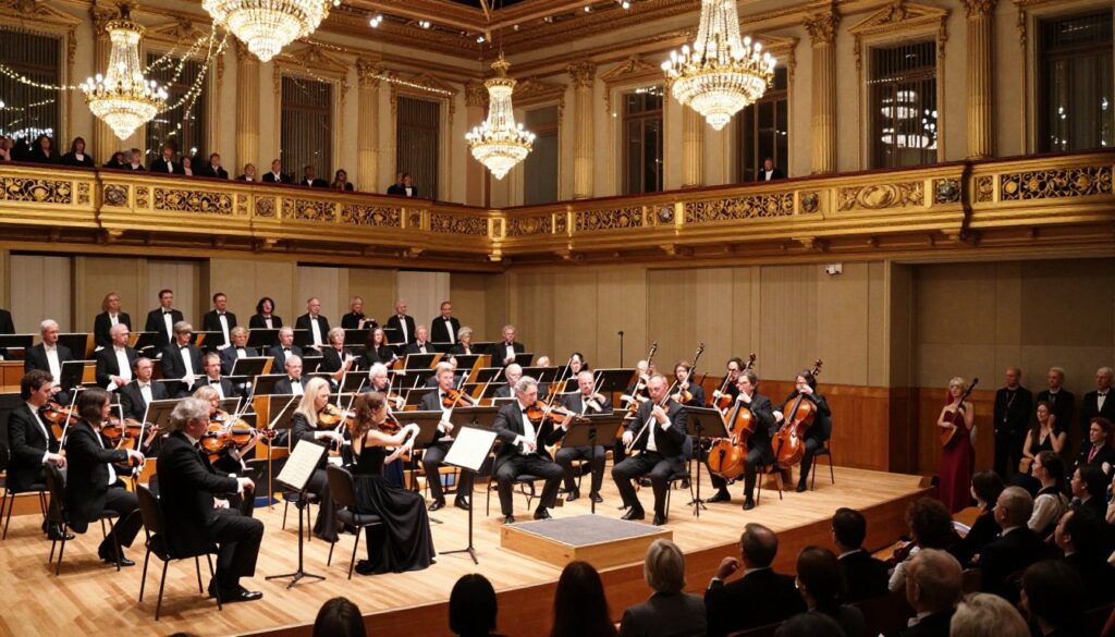 A grand New Year's concert scene set inside the opulent Musikverein in Vienna. The foreground showcases a beautifully adorned stage with an orchestra poised for performance, musicians in elegant black suits and formal dresses. The middle ground reveals an audience dressed in formal business attire, eagerly awaiting the event. Ornate golden decorations and chandeliers illuminate the venue, casting a warm, festive glow. In the background, majestic pillars and intricate architectural details enhance the grandeur of the concert hall. The atmosphere is filled with excitement and anticipation, captured from a slightly elevated angle to emphasize the audience's engagement with the stage. Soft, ambient lighting enhances the celebratory mood, embodying the essence of the timeless musical tradition in Vienna.