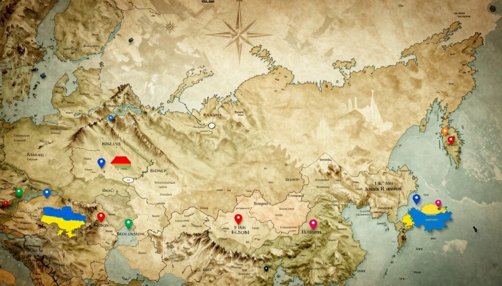 A historical map showcasing the boundaries of the Russian Federation over different eras, illustrating the evolution of its borders. In the foreground, detailed icons symbolizing neighboring countries such as Ukraine, Belarus, Kazakhstan, and several others, each highlighted with a distinctive color. The middle ground features a textured, aged parchment feel to evoke a sense of history, with geographical landmarks like mountain ranges and rivers subtly outlined. The background is filled with a classic compass rose and the faint silhouette of Russia's vast landscape merging into the skyline. Soft, ambient lighting creates a nostalgic atmosphere, inviting viewers to reflect on the historical context of these borders. The composition should be balanced and focused, ensuring a clear depiction without any text or modern elements. A historical map showcasing the boundaries of the Russian Federation over different eras, illustrating the evolution of its borders. In the foreground, detailed icons symbolizing neighboring countries such as Ukraine, Belarus, Kazakhstan, and several others, each highlighted with a distinctive color. The middle ground features a textured, aged parchment feel to evoke a sense of history, with geographical landmarks like mountain ranges and rivers subtly outlined. The background is filled with a classic compass rose and the faint silhouette of Russia's vast landscape merging into the skyline. Soft, ambient lighting creates a nostalgic atmosphere, inviting viewers to reflect on the historical context of these borders. The composition should be balanced and focused, ensuring a clear depiction without any text or modern elements.