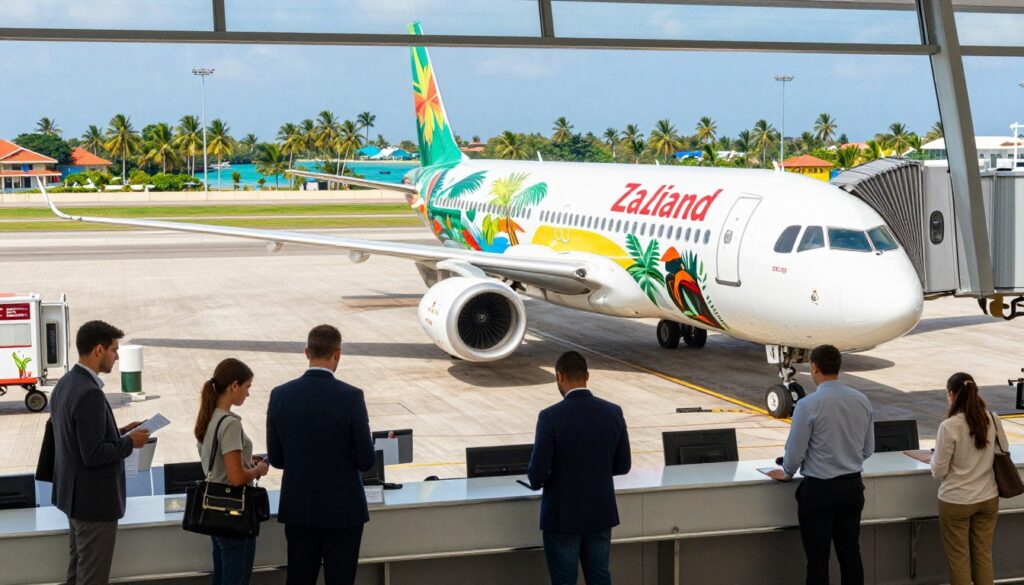 A lively airport scene depicting a direct flight from Poland to Zanzibar. In the foreground, passengers in professional business attire are checking in at a sleek modern airline counter. In the middle ground, a shiny aircraft with a colorful tropical design is parked at the gate, its door open welcoming the travelers. Bright sunlight floods the scene, creating a cheerful and inviting atmosphere. In the background, the vibrant tropical landscape of Zanzibar is visible through large airport windows, showcasing palm trees and azure waters. The camera angle is positioned slightly above eye-level, capturing both the excitement of travel and the serene beauty of the destination, all rendered in vivid colors and detailed realism.