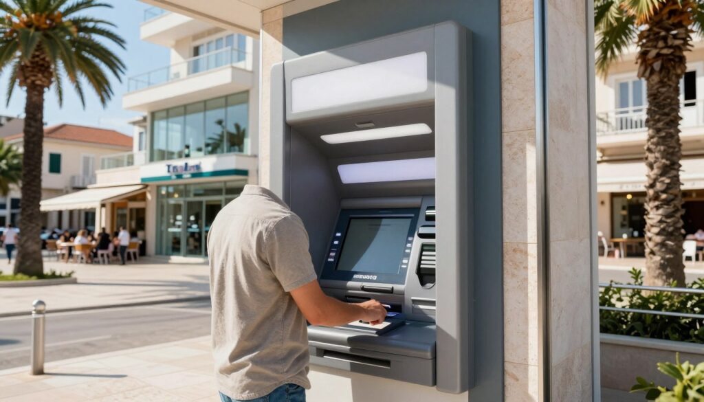A modern ATM in a vibrant urban setting in Croatia, surrounded by palm trees and sunny skies. In the foreground, a person in casual, modest clothing is using the ATM, interacting with the screen and inserting a card. The middle section features the ATM displaying a withdrawal interface and the surrounding bank's contemporary architecture, with clear details such as glass windows and metal accents. In the background, a lively street scene reflects the local culture, with cafes and pedestrians. The ambiance is bright and inviting, showcasing a warm, sunny day. The image is captured from a slightly low angle to emphasize the ATM, with soft, natural lighting that enhances the colors and details of the scene.