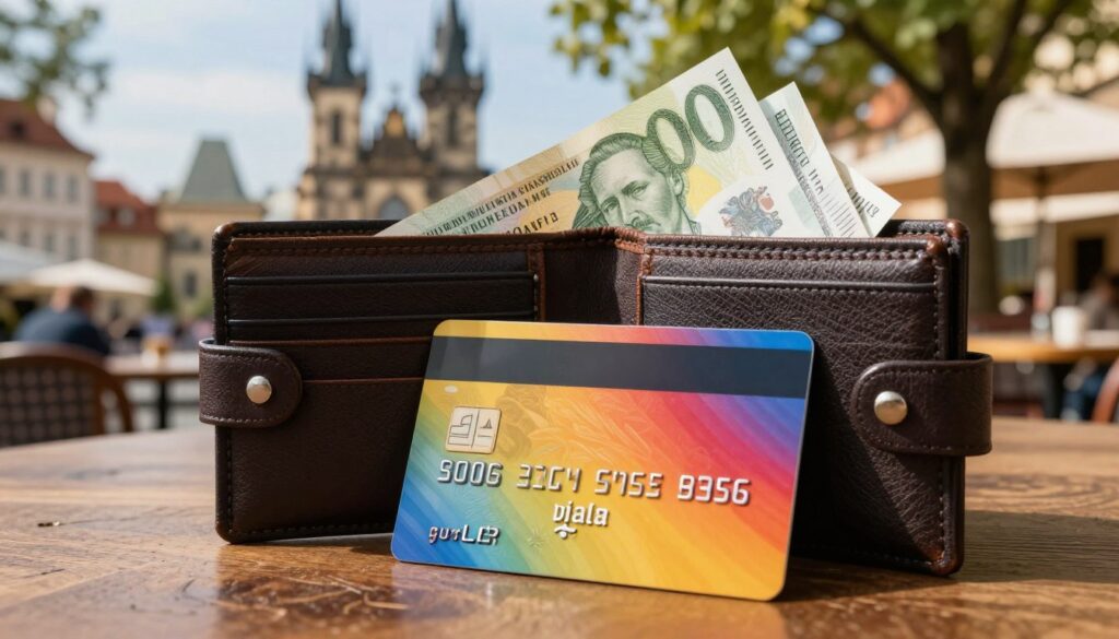 A modern multi-currency card placed prominently in the foreground, showcasing its sleek design and vibrant colors. The card features various international currency symbols subtly etched into its surface. In the middle ground, a stylish wallet partially open, revealing cash in Czech koruna and euros. The background includes a softly blurred outdoor café setting in Prague, with historical architecture and leafy trees to convey a travel atmosphere. The lighting is warm and inviting, suggesting a sunny afternoon. The angle is slightly from above to capture both the card and wallet while hinting at the lively café scene behind. The mood is relaxed and sophisticated, reflecting the convenience of using a multi-currency card while abroad.