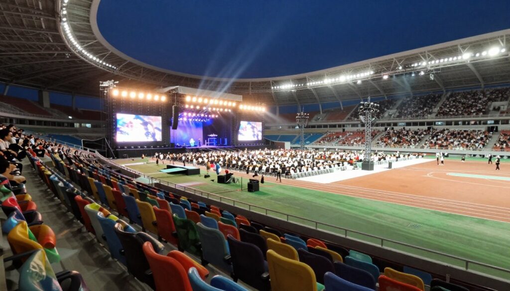 A panoramic view from the seating sections of a large stadium, capturing the vibrant atmosphere of a concert. The foreground showcases rows of empty seats with colorful seat covers, inviting and ready for an audience. In the middle ground, the stage is partially visible, adorned with bright lights and large screens, set against a backdrop of a darkened sky. Spectacular lighting effects illuminate the scene, creating a dynamic atmosphere. The background features a massive crowd, blurred slightly to emphasize the excitement without distracting from the view. The angle is slightly elevated, providing a comprehensive perspective of the space, and the mood is electric, conveying anticipation and energy for an upcoming event. The image is bright and clear, perfect for illustrating the experience of attending a concert at the stadium. A panoramic view from the seating sections of a large stadium, capturing the vibrant atmosphere of a concert. The foreground showcases rows of empty seats with colorful seat covers, inviting and ready for an audience. In the middle ground, the stage is partially visible, adorned with bright lights and large screens, set against a backdrop of a darkened sky. Spectacular lighting effects illuminate the scene, creating a dynamic atmosphere. The background features a massive crowd, blurred slightly to emphasize the excitement without distracting from the view. The angle is slightly elevated, providing a comprehensive perspective of the space, and the mood is electric, conveying anticipation and energy for an upcoming event. The image is bright and clear, perfect for illustrating the experience of attending a concert at the stadium.