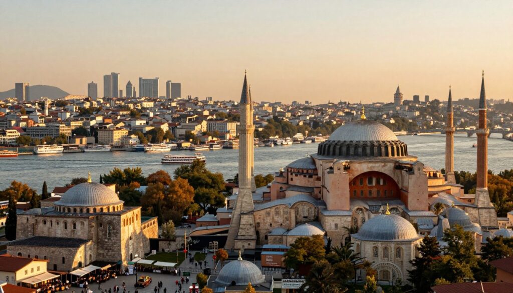 A panoramic view of Istanbul, showcasing the historic layers of its past. In the foreground, the majestic Hagia Sophia, its intricate domes and minarets glistening in the soft, golden light of sunset. To the left, the imposing walls of the ancient Byzantine city, hinting at its rich history, with Turkish cafes and bustling street vendors nearby. The middle ground features the vibrant Bosphorus Strait, with traditional wooden boats ferrying across the water, symbolizing the bridge between Europe and Asia. In the background, the skyline of modern Istanbul with skyscrapers and the distinctive silhouette of the Galata Tower. The entire scene is bathed in warm, inviting light, evoking a sense of timelessness and cultural fusion. The atmosphere is lively yet serene, capturing the essence of a city that has thrived at the crossroads of civilizations.