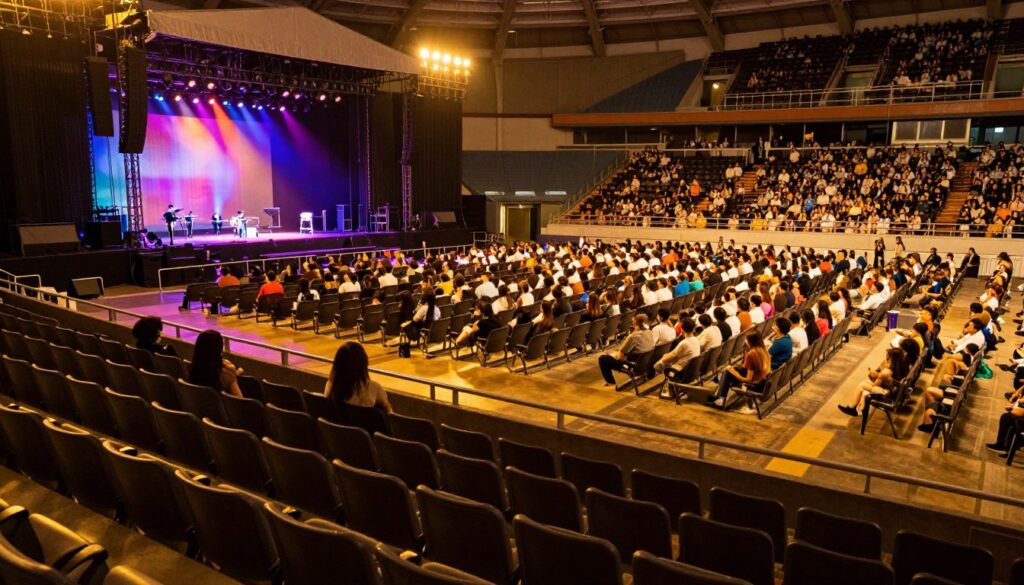 A panoramic view of a concert venue, showcasing various seating sections in a stadium designed for a Sanah concert. In the foreground, several rows of empty seats are arranged neatly. The middle ground features a stage elegantly set up with a backdrop of colorful lighting and musical equipment, hinting at an upcoming performance. The background displays a vibrant crowd eagerly waiting to enter, with a mix of fans in casual attire. The lighting is warm and inviting, casting a glowing effect over the seats, creating a lively and anticipatory atmosphere. The angle captures both the scale of the venue and the intimate connection between the audience and the stage, emphasizing the concept of available seating and sector selection.