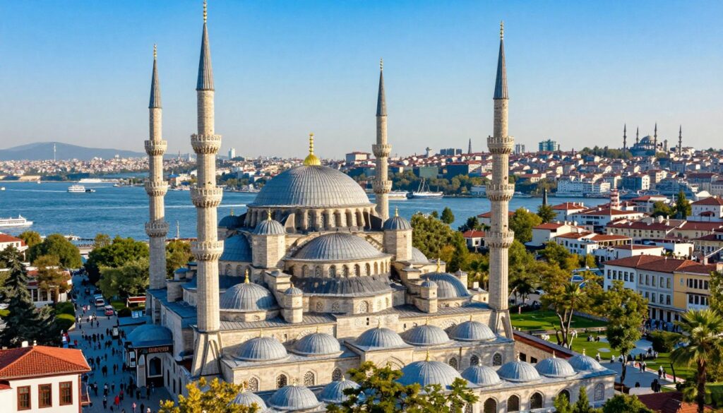 A panoramic view of the European part of Istanbul, showcasing the stunning architecture of the Blue Mosque in the foreground. The ornate domes and minarets of the mosque rise majestically against a clear blue sky, bathed in warm sunlight that enhances the intricate details of its facade. Surrounding the mosque, traditional Ottoman-style buildings and lively street scenes with people dressed in modest casual clothing stroll by. In the middle ground, lush green parks and trees add a touch of nature, accentuating the urban landscape. The background reveals the Bosphorus Strait, shimmering under the afternoon sun, with ships gliding smoothly across the water. This vibrant scene captures the cultural and historical essence of European Istanbul, inviting viewers into its rich heritage and lively atmosphere. The image has a bright, inviting tone, conveying a sense of warmth and openness.