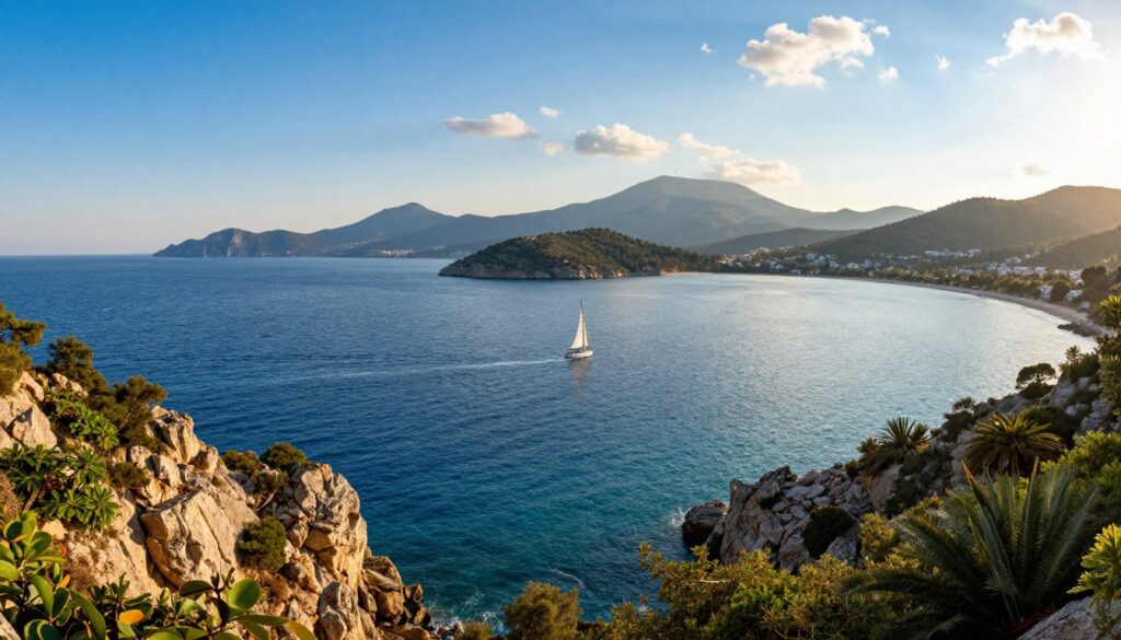 A panoramic view of the Turkish coastline, showcasing the stunning cerulean waters of the Aegean Sea blending into the breathtaking landscapes of Turkey's shoreline. The foreground features rocky cliffs adorned with lush greenery, while the middle ground captures sailboats gently gliding on the sparkling waves. In the background, the iconic silhouettes of mountains rise against a clear blue sky with wisps of white clouds. The lighting is warm and inviting, suggesting a late afternoon sun casting golden hues over the scene. The atmosphere is tranquil, reflecting the natural beauty and serenity of Turkey's coastal regions, emphasizing the significance of the seas and straits surrounding the country.