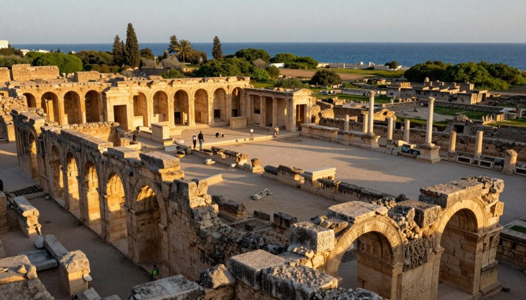 A panoramic view of the ancient ruins and archaeological sites of Carthage, Tunisia, bathed in warm sunlight during golden hour. In the foreground, detailed remnants of Roman and Phoenician architecture, such as grand arches and weathered stone walls, evoke a sense of history. The middle ground features scattered ruins, including the famous Antonine Baths and the Tophet, with archaeologists in modest casual clothing working amidst the artifacts. The background presents a sweeping vista of the Mediterranean Sea, with lush greenery framing the ancient heritage. The mood is serene and contemplative, inviting viewers to connect with the rich history of this once-great civilization. Shot with a wide-angle lens to capture the expansive landscape and intricate details of the site.
