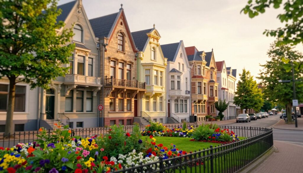 A picturesque scene of Zurenborg in Antwerp, showcasing its unique architecture and lesser-known charm. In the foreground, vibrant flower gardens with colorful blooms and classic wrought-iron fences invite viewers in. The middle ground features a row of stunning, eclectic houses with ornate facades, showcasing Art Nouveau and Victorian styles, all bathed in the warm glow of golden hour sunlight. In the background, the tranquil streets of Zurenborg are lined with lush green trees, softly illuminated, creating a serene and inviting atmosphere. The image should capture the mood of peaceful exploration, emphasizing the beauty of Antwerp away from the typical tourist paths. Use a slight tilt-shift lens effect to create a dreamy quality while maintaining focus on the exquisite details of the architecture.