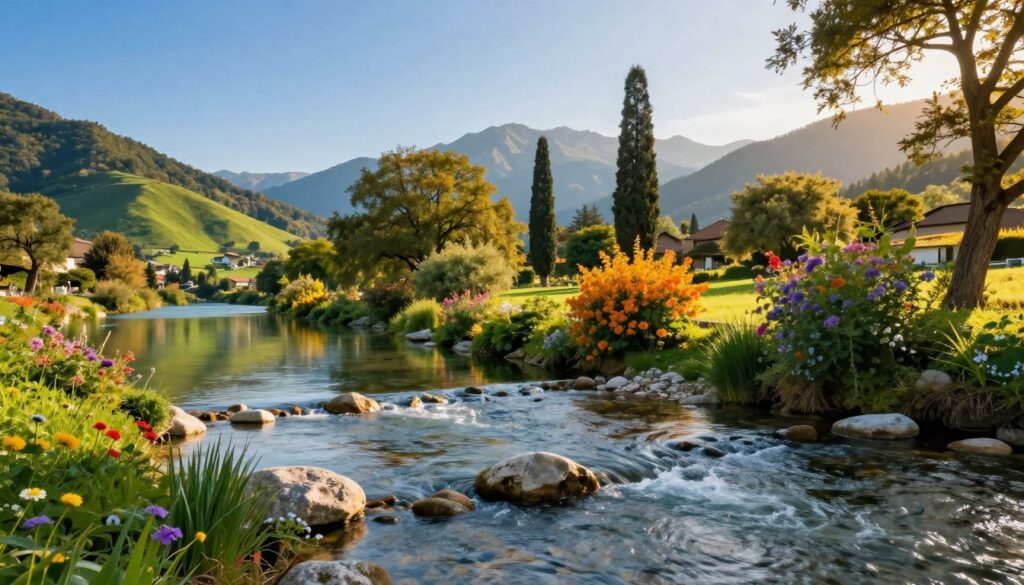 A picturesque scene showcasing the serene rivers and lakes of Italy, surrounded by lush greenery and vibrant, colorful flora. In the foreground, a tranquil river gently flows, with small, smooth stones visible beneath the water's surface. To the left, a pristine lake reflects the clear blue sky, bordered by verdant hills. In the middle ground, a dense forest of cypress and oak trees adds depth and character to the landscape. The background features the distant silhouette of the Apennine mountains, under a warm golden sunlight that bathes the entire scene in a soft glow, creating a peaceful and idyllic atmosphere. Capture this natural beauty from a low angle to emphasize the richness of the environment, evoking a sense of tranquility and harmony in nature.