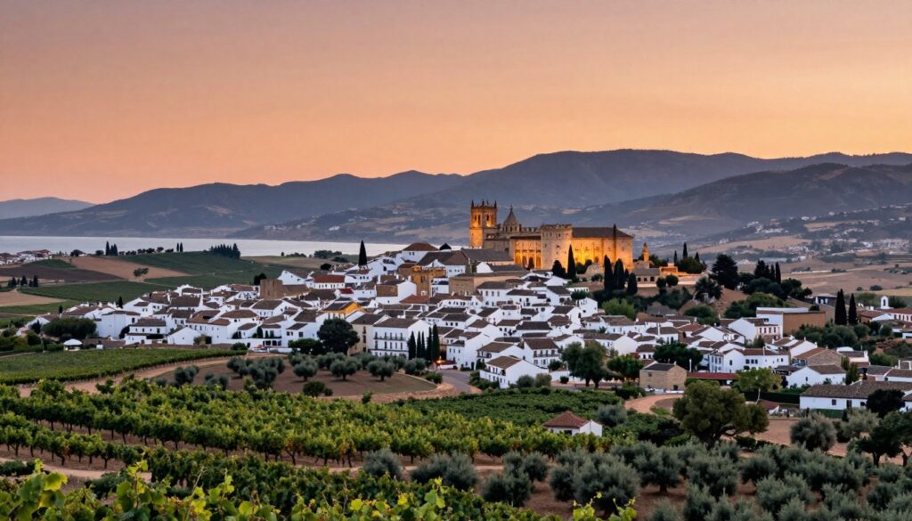 A picturesque view of Spain's borders, showcasing its geographical neighbors: Portugal to the west and France to the northeast. In the foreground, a scenic landscape of lush vineyards and olive groves, symbolizing agricultural influence. The midground depicts iconic Spanish architecture, like a traditional white-washed village and the grandeur of a castle, illuminated by soft afternoon sunlight. In the background, the silhouette of mountain ranges and coastal features, representing the diverse terrain. The sky is painted in warm hues of orange and pink, suggesting a serene sunset, creating a tranquil and contemplative mood. The scene is captured from a slightly elevated angle, giving an expansive perspective of Spain's neighboring countries and their impact on the Spanish landscape and culture.
