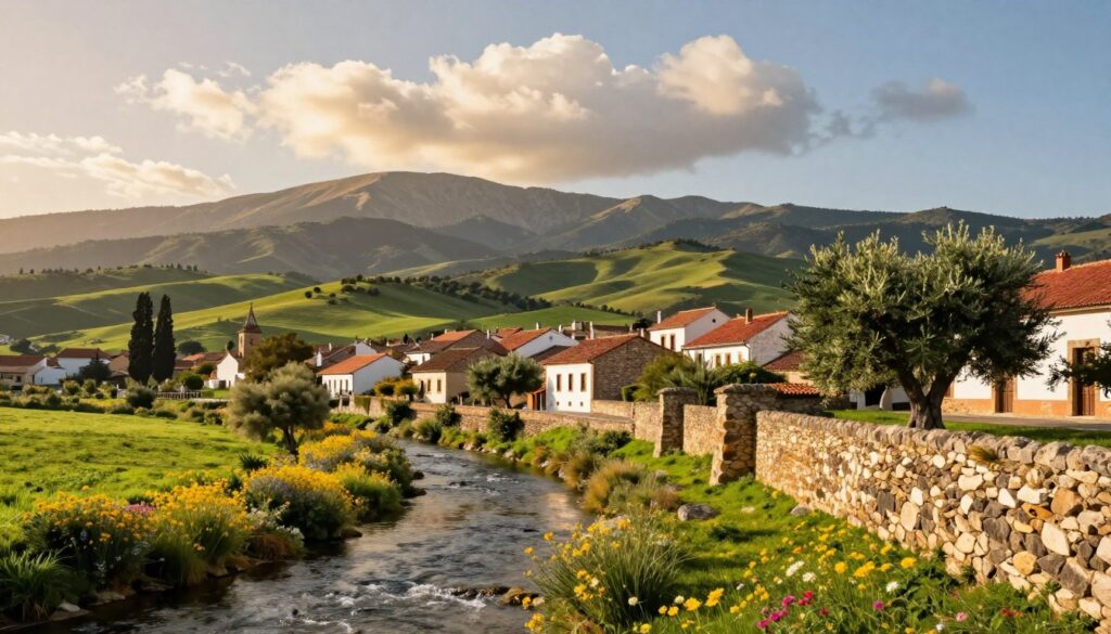 A picturesque view of the border between Spain and Portugal, showcasing a lush green landscape with rolling hills and valleys. In the foreground, a serene river flows gently, lined with vibrant wildflowers. To the right, a charming stone wall and an ancient olive tree symbolize the rich heritage of the region. In the middle ground, a traditional Spanish village with terracotta-roofed houses contrasts with a quaint Portuguese town featuring cobblestone streets. The background features the distant outline of the Serra da Estrela mountains, bathed in warm golden sunlight and soft, fluffy clouds drifting overhead. The overall mood is peaceful and inviting, highlighting the cultural connection between the two countries, captured with a wide-angle view that emphasizes the beauty of the landscape.