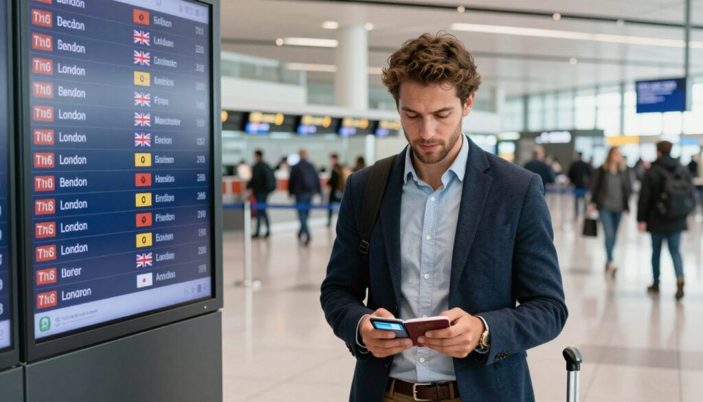 A professional traveler stands in an airport terminal, preparing for a journey to the United Kingdom. They are wearing smart casual attire, such as a blazer over a button-up shirt and holding a passport and a smartphone displaying a travel app. In the foreground, a large electronic display board shows flight information, highlighting departures to UK cities like London and Manchester. In the background, other travelers can be seen navigating the bustling airport environment, with check-in counters and signage visible. The lighting is bright and inviting, suggesting a sense of anticipation and excitement for the upcoming trip. Capture this scene from a slightly elevated angle, focusing on the traveler amidst the vibrant atmosphere of the airport, reflecting the theme of travel preparedness.