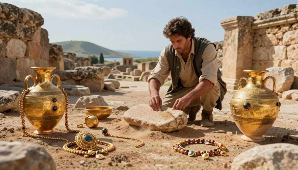 A richly detailed archaeological scene depicting the legendary treasures of Priam. In the foreground, a collection of golden artifacts, ornate jewelry, and intricately designed pottery, partially buried in the dirt, glimmer in the soft morning light. In the middle ground, an archaeologist, dressed in professional attire, carefully brushes away sand from an ancient clay tablet. Surrounding him are stone walls and ruins, hinting at the remnants of an ancient city. In the background, the outline of the Trojan landscape is visible, with rolling hills and a distant sea under a bright blue sky. The atmosphere is one of discovery and mystery, bathed in warm, golden sunlight, evoking a sense of historical significance and intrigue. A richly detailed archaeological scene depicting the legendary treasures of Priam. In the foreground, a collection of golden artifacts, ornate jewelry, and intricately designed pottery, partially buried in the dirt, glimmer in the soft morning light. In the middle ground, an archaeologist, dressed in professional attire, carefully brushes away sand from an ancient clay tablet. Surrounding him are stone walls and ruins, hinting at the remnants of an ancient city. In the background, the outline of the Trojan landscape is visible, with rolling hills and a distant sea under a bright blue sky. The atmosphere is one of discovery and mystery, bathed in warm, golden sunlight, evoking a sense of historical significance and intrigue.