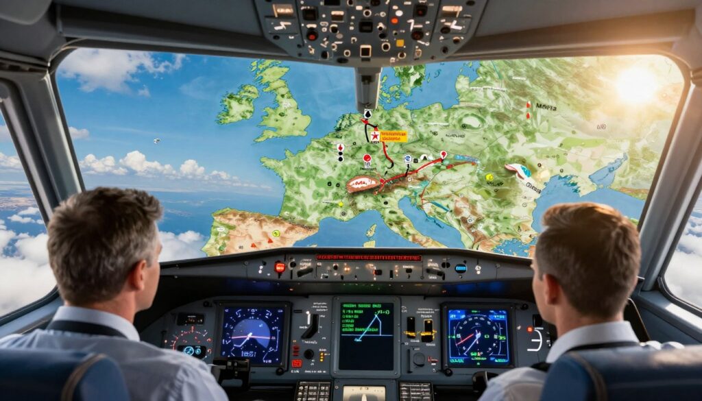 A scenic aerial view showcasing various factors influencing flight duration to Tunisia. In the foreground, a detailed airplane cockpit with pilots in professional business attire, attentively monitoring flight instruments. The middle ground features a vibrant map illustrating the route from Poland to Tunisia, marked with symbols representing factors like weather conditions, air traffic, and geographical features. In the background, a blue sky filled with fluffy clouds overlays a distant view of the Mediterranean coastline. Soft sunlight filters through the clouds, creating a warm and inviting atmosphere. The image conveys a sense of exploration and travel efficiency, highlighting the complexity of air travel in a visually appealing manner.