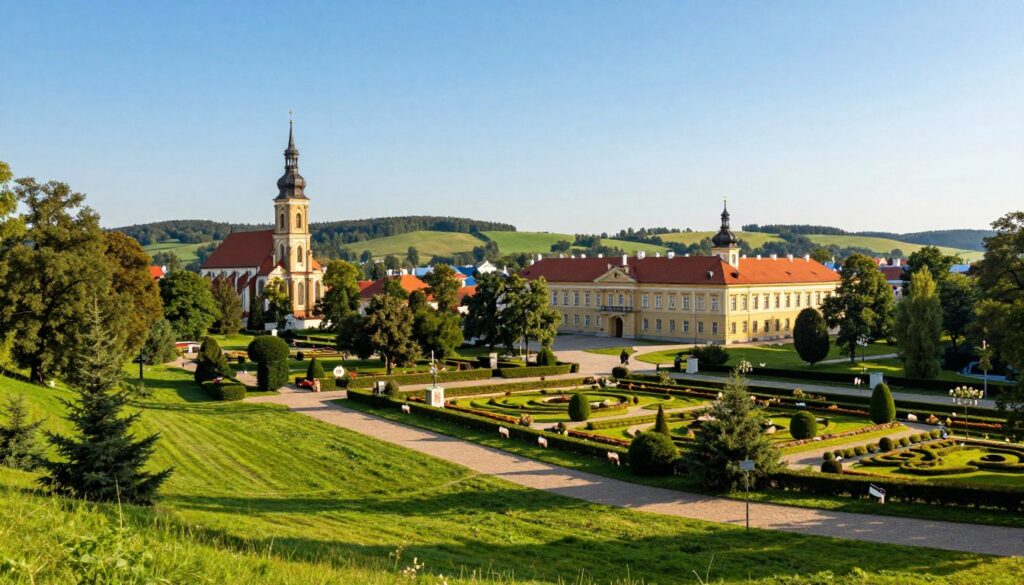 A scenic view showcasing the attractions around Radom, Poland. In the foreground, depict vibrant greenery with meandering paths leading to historic sites. The middle ground should feature notable landmarks like the beautiful Church of St. John the Baptist and the serene gardens of the Radom Palace, set against a clear blue sky. In the background, gently rolling hills and forests create a picturesque landscape. The scene is bathed in warm afternoon sunlight, casting soft shadows and enhancing the lush hues of nature. The overall atmosphere is inviting and peaceful, inviting viewers to explore the beauty and culture of the region. Use a slightly elevated angle to capture the charm of the surroundings without including any text or human figures. A scenic view showcasing the attractions around Radom, Poland. In the foreground, depict vibrant greenery with meandering paths leading to historic sites. The middle ground should feature notable landmarks like the beautiful Church of St. John the Baptist and the serene gardens of the Radom Palace, set against a clear blue sky. In the background, gently rolling hills and forests create a picturesque landscape. The scene is bathed in warm afternoon sunlight, casting soft shadows and enhancing the lush hues of nature. The overall atmosphere is inviting and peaceful, inviting viewers to explore the beauty and culture of the region. Use a slightly elevated angle to capture the charm of the surroundings without including any text or human figures.