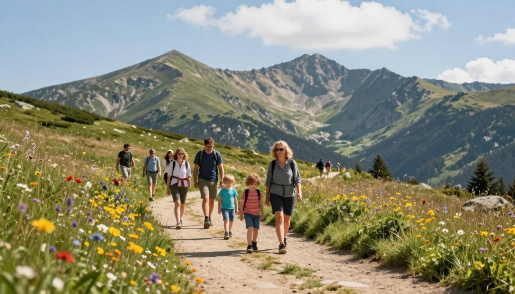 A serene landscape showcasing beginner-friendly hiking trails in the Karkonosze Mountains. In the foreground, a well-marked, gently winding pathway lined with vibrant wildflowers and lush grasses. In the middle ground, a diverse group of modestly dressed hikers, including a family and a couple, happily exploring together. The background reveals majestic, slightly rugged mountain peaks under a clear blue sky, with a few fluffy clouds floating by. Soft, natural sunlight illuminates the scene, creating a warm and inviting atmosphere perfect for outdoor adventures. Capture the mood of tranquility and excitement that beginner hikers experience in this beautiful mountainous region. A serene landscape showcasing beginner-friendly hiking trails in the Karkonosze Mountains. In the foreground, a well-marked, gently winding pathway lined with vibrant wildflowers and lush grasses. In the middle ground, a diverse group of modestly dressed hikers, including a family and a couple, happily exploring together. The background reveals majestic, slightly rugged mountain peaks under a clear blue sky, with a few fluffy clouds floating by. Soft, natural sunlight illuminates the scene, creating a warm and inviting atmosphere perfect for outdoor adventures. Capture the mood of tranquility and excitement that beginner hikers experience in this beautiful mountainous region.
