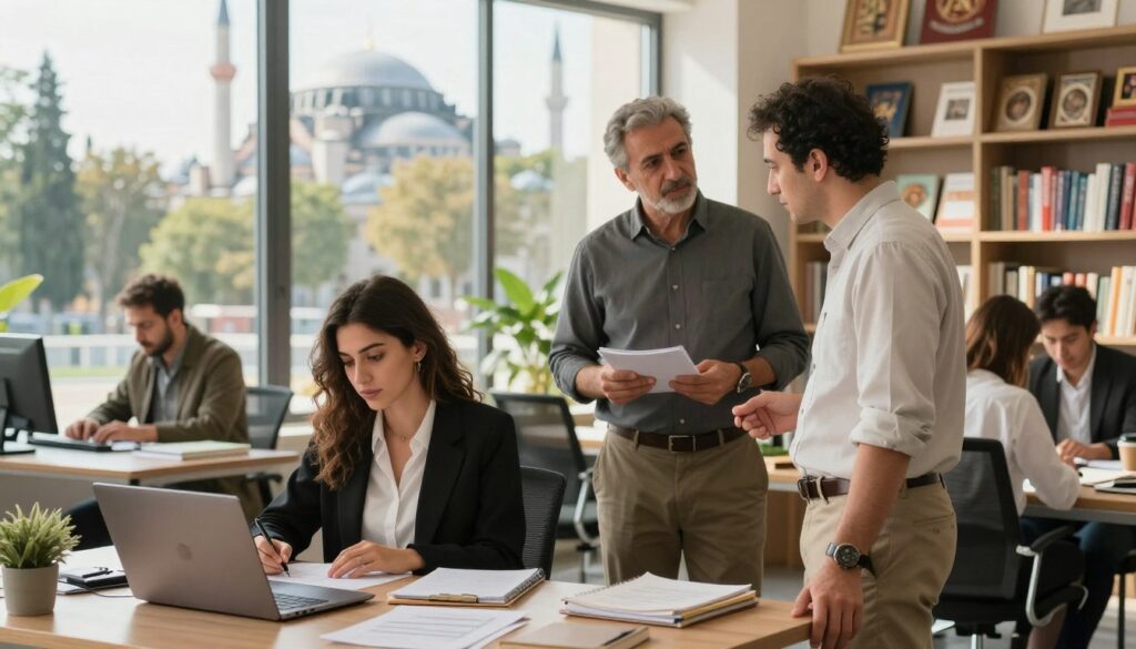 A serene office setting in Turkey, showcasing a diverse group of professionals engaged in work and study. In the foreground, a young woman in business attire is focused on her laptop, taking notes, while a middle-aged man in modest casual clothing discusses with a colleague standing nearby. In the middle ground, bookshelves filled with educational resources and cultural artifacts reflect a blend of Turkish and international influences. The background reveals a large window showing a beautiful view of iconic Turkish architecture and lush greenery bathed in warm sunlight. The overall atmosphere is one of productivity and multicultural exchange, with soft natural lighting accentuating the warmth of the scene. The image should evoke a sense of commitment to long-term stay, work, and learning in Turkey. A serene office setting in Turkey, showcasing a diverse group of professionals engaged in work and study. In the foreground, a young woman in business attire is focused on her laptop, taking notes, while a middle-aged man in modest casual clothing discusses with a colleague standing nearby. In the middle ground, bookshelves filled with educational resources and cultural artifacts reflect a blend of Turkish and international influences. The background reveals a large window showing a beautiful view of iconic Turkish architecture and lush greenery bathed in warm sunlight. The overall atmosphere is one of productivity and multicultural exchange, with soft natural lighting accentuating the warmth of the scene. The image should evoke a sense of commitment to long-term stay, work, and learning in Turkey.