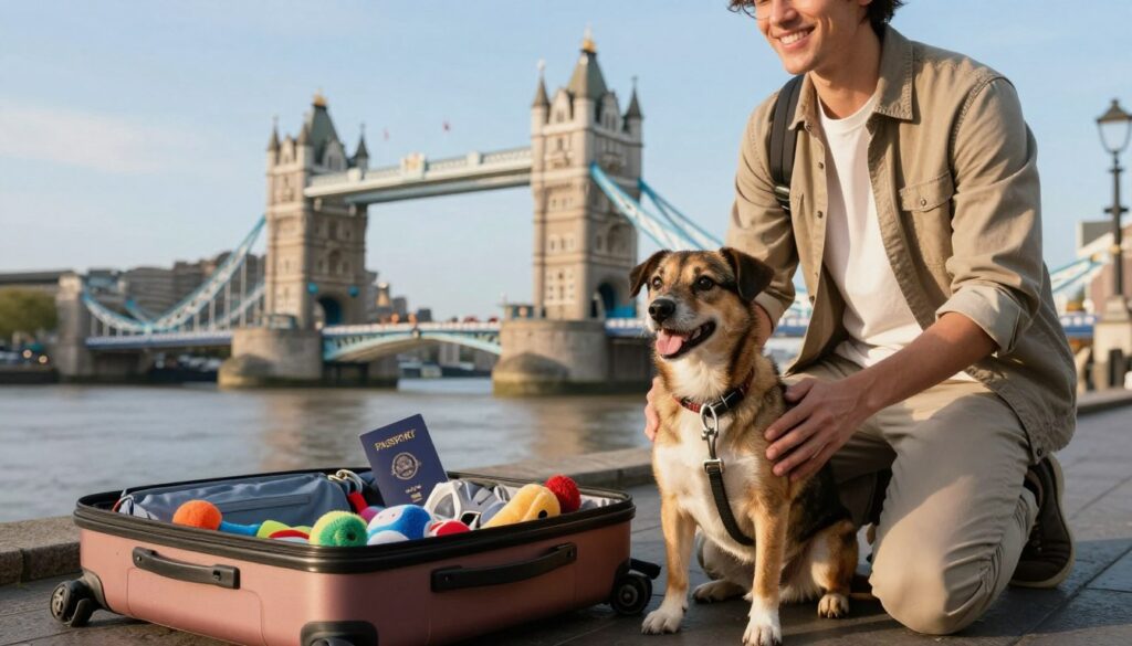 A serene travel scene depicting a person and their dog, preparing for a journey to the United Kingdom. In the foreground, a smiling individual in casual yet neat attire kneels beside a playful dog, a medium-sized breed with a shiny coat in a leash. In the middle ground, showcase an open suitcase filled with travel essentials, including a pet passport and dog toys. In the background, envision iconic British landmarks like the Tower Bridge and a clear blue sky, suggesting adventure. Soft, warm lighting bathes the scene, creating a cheerful atmosphere. Use a wide-angle lens to capture the excitement of travel, focusing on the bond between the traveler and their furry companion.