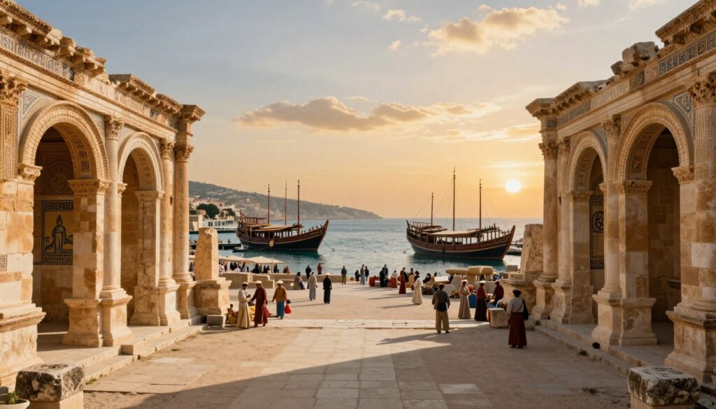 A stunning depiction of the Antonine Baths framed by the Punic port in ancient Carthage. In the foreground, intricately designed ruins of the Antonine Baths, showcasing the grand arches and detailed mosaics, evoke a sense of historical elegance. The middle ground features a bustling Punic port with ancient ships docked, merchants in modest attire engaging in trade, and vivid colors reflecting the lively atmosphere. In the background, the horizon showcases a serene Mediterranean with distant hills under a warm, golden sunset, casting soft shadows across the scene. The composition is captured from a low angle, highlighting the majestic structures against the vibrant sky. The mood is rich in history and nostalgia, inviting viewers to step back in time and explore the beauty of ancient architecture.