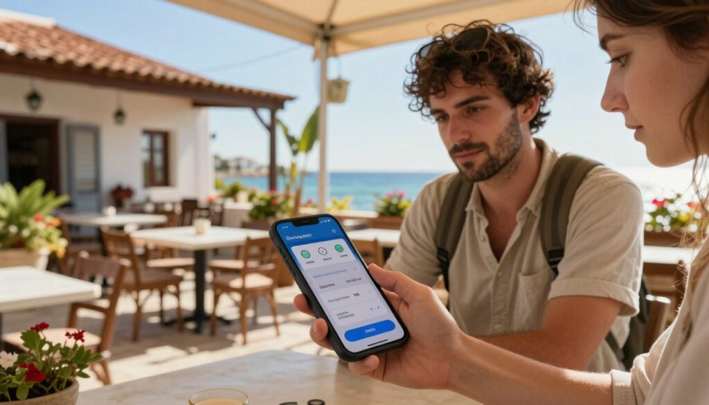 A traveler at an outdoor cafe in Cyprus, examining various payment methods on their smartphone. In the foreground, a close-up of the smartphone screen displaying digital payment options and currency converters. The traveler, dressed in modest casual clothing, appears focused and thoughtful. In the middle ground, a picturesque view of the cafe with traditional Cypriot architecture and outdoor seating, adorned with local plants and flowers. In the background, glimpses of the Mediterranean Sea and a clear blue sky, creating a serene atmosphere. The lighting is warm and inviting, simulating a sunny afternoon. The angle captures the sense of exploration and careful planning while managing travel expenses. A traveler at an outdoor cafe in Cyprus, examining various payment methods on their smartphone. In the foreground, a close-up of the smartphone screen displaying digital payment options and currency converters. The traveler, dressed in modest casual clothing, appears focused and thoughtful. In the middle ground, a picturesque view of the cafe with traditional Cypriot architecture and outdoor seating, adorned with local plants and flowers. In the background, glimpses of the Mediterranean Sea and a clear blue sky, creating a serene atmosphere. The lighting is warm and inviting, simulating a sunny afternoon. The angle captures the sense of exploration and careful planning while managing travel expenses.